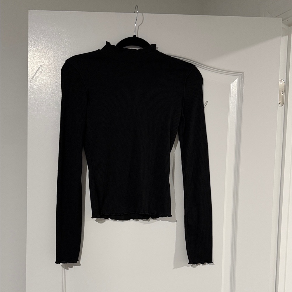 PrettyLittleThing Black Ruffle-Trim Mock Neck Long Sleeve Top